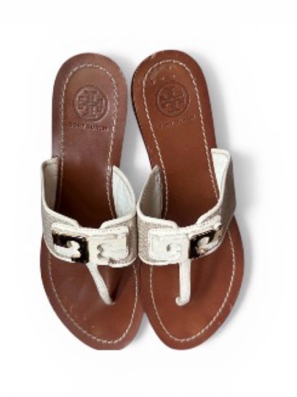 Tory Burch Cream and Brown Leather Thong Sandals with Logo Buckle
